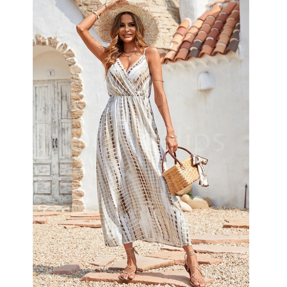 Tie Dye White Beige Tan V-Neck Cami Dress Maxi Flared Long Surplice Overlapping - Picture 5 of 10